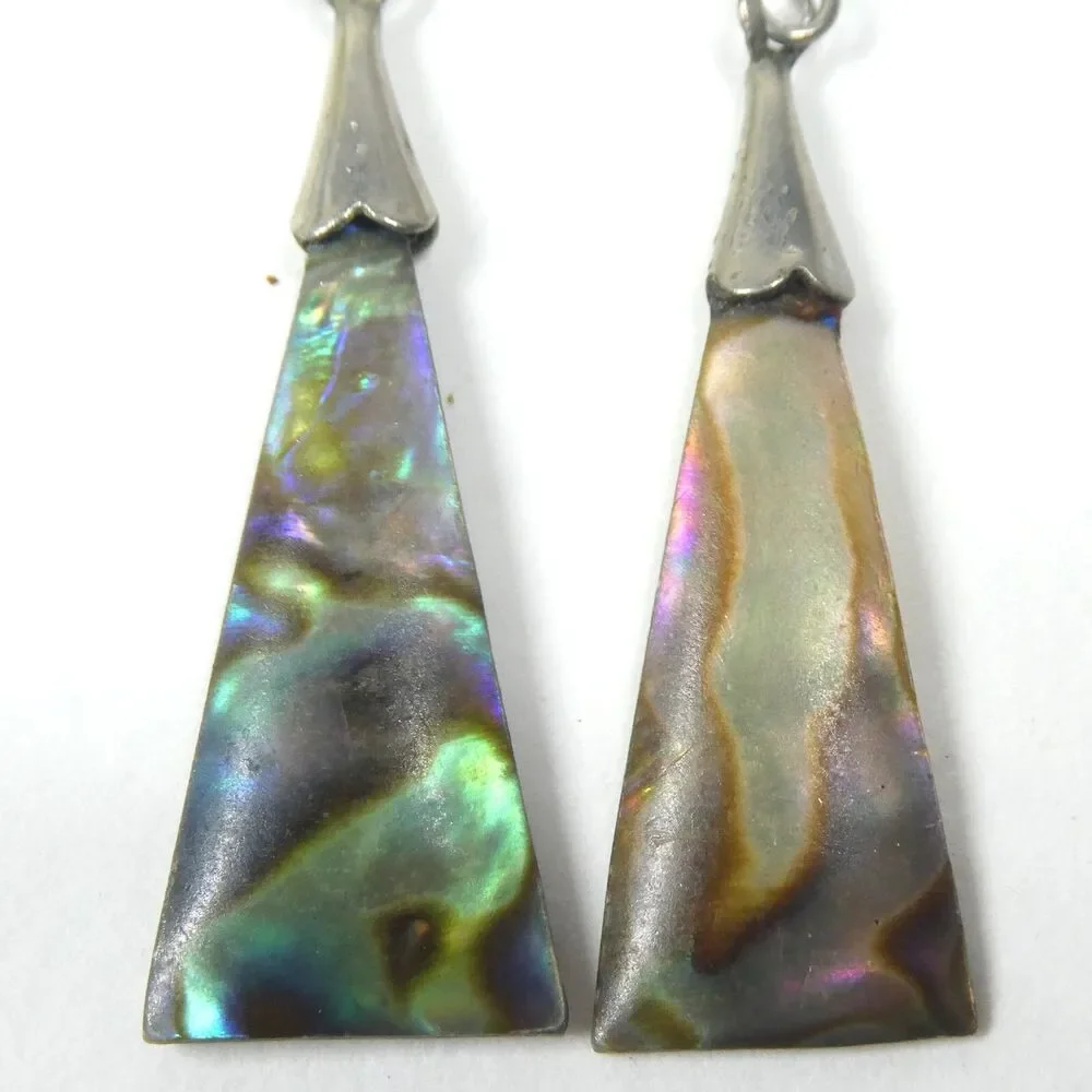 Mother of Pearl Triangle Earrings Vintage Dangle Silver Abalone Shell